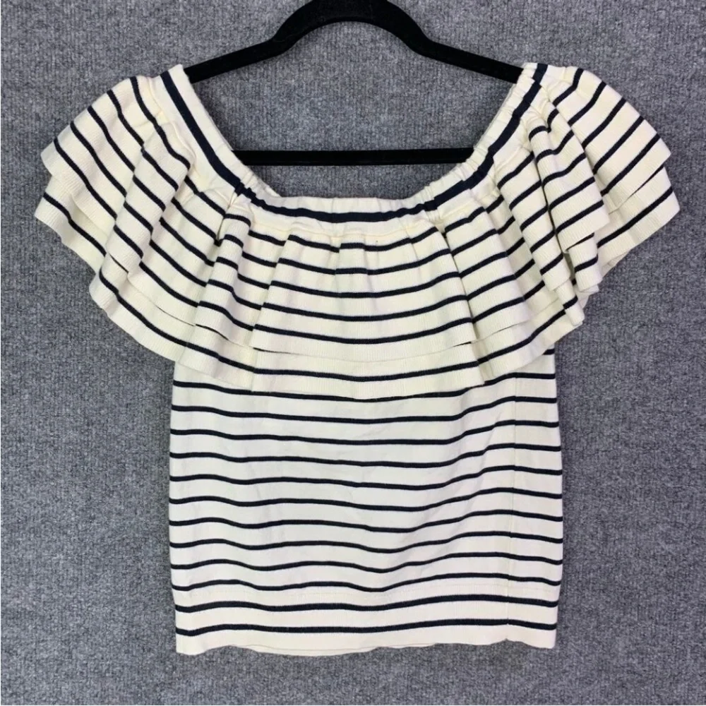 J. Crew Black and White Striped Off-Shoulder Ruffle Knit Top